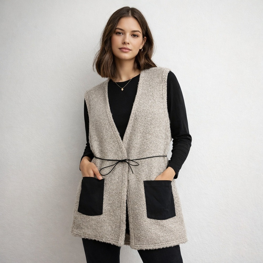 LL Bean Signature Womens Knit Vest‎ Cardigan Size Small Tie Waist Wool Blend